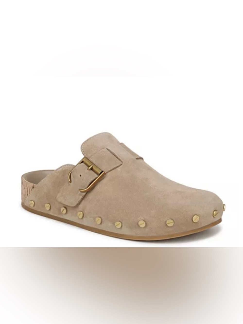 Veronica Beard Sand Suede Fern Stud-Buckle clogs.